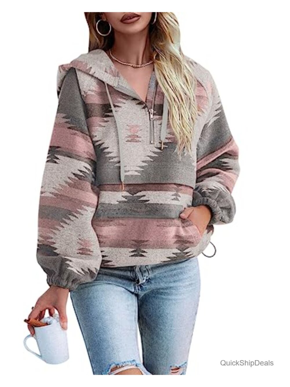 Boho Western Zip Up Hoodie Sweatshirt Polyester Pullover Top with Kangaroo